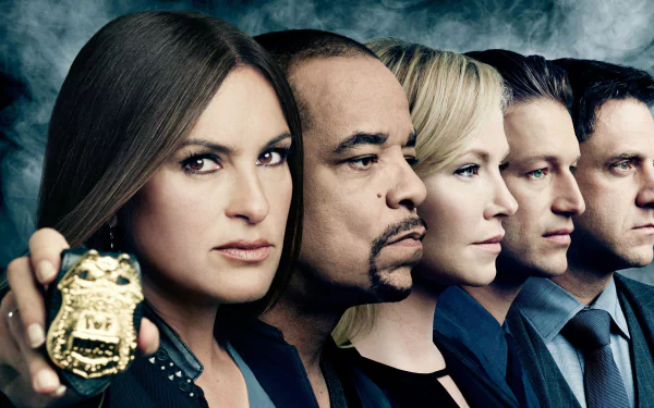 Law & Order: Special Victims Unit cast portrait, badge visible; 2K Quad HD PC desktop wallpaper background with stern faces against a smoky backdrop.