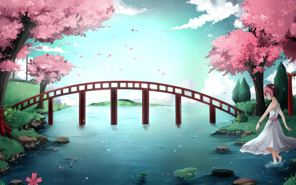 HD PC desktop wallpaper featuring a serene Osu! video game scene with pink cherry blossoms, a red arched bridge over calm water, and a character in a white dress.