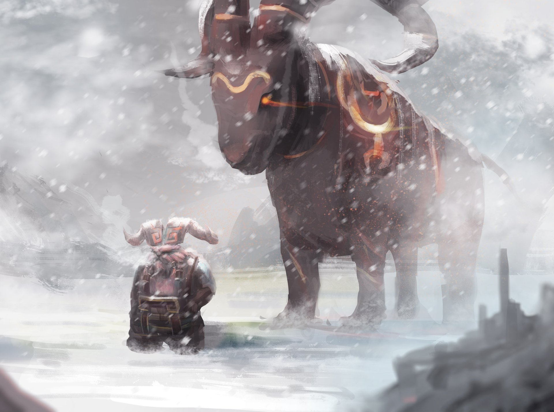 HD PC wallpaper featuring Ornn, the warrior from League of Legends, standing beside a massive glowing bull in a snowy landscape.