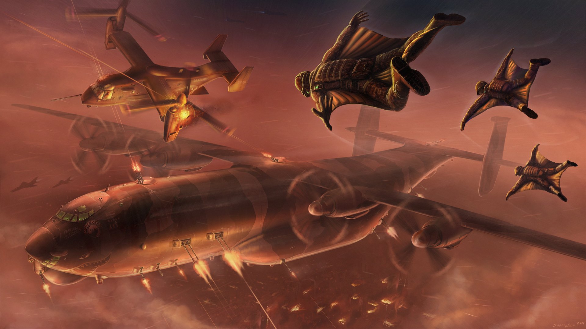 HD desktop wallpaper depicting a dramatic battle scene with Bell Boeing V-22 Osprey warplanes and soldiers in wingsuits soaring through a sci-fi military sky.