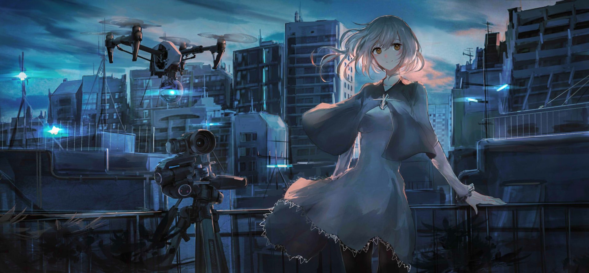 HD anime-style original artwork featuring a girl with light hair standing on a rooftop with drones and urban buildings in the background, designed as a PC desktop wallpaper.
