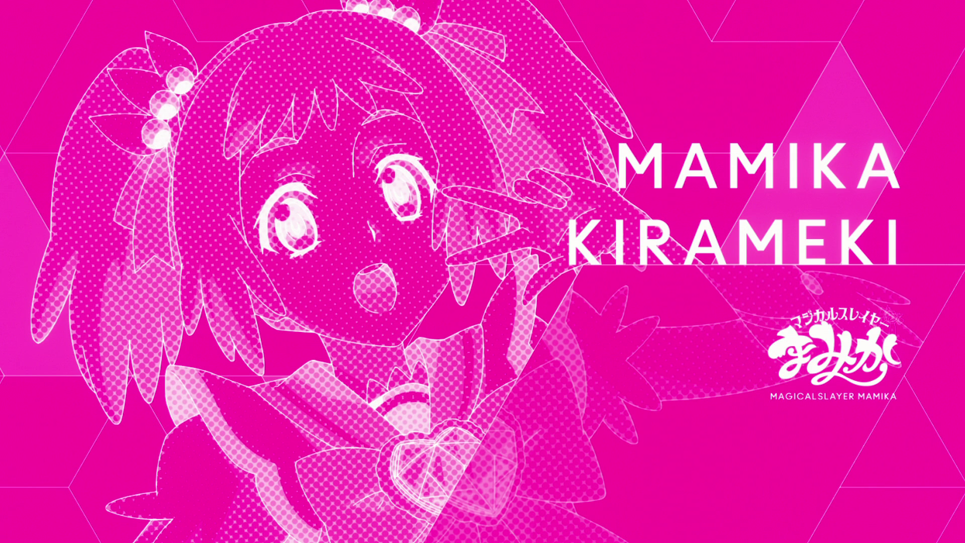 HD anime desktop wallpaper featuring Mamika Kirameki from Re:Creators in vibrant pink tones with dynamic halftone and geometric background elements.
