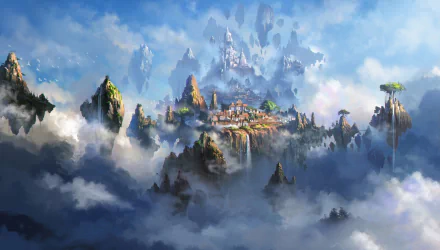HD fantasy cityscape wallpaper, featuring a mystical city built on floating islands surrounded by clouds and majestic mountains.