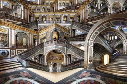 HD PC desktop wallpaper of the Palace of Versailles interior: ornate man-made architecture with grand staircases, arches, gilded ceilings and decorative marble floors.