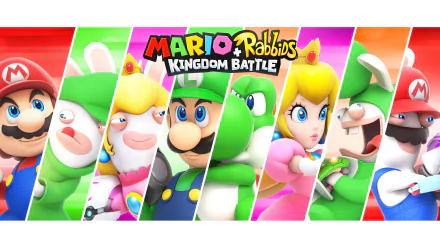 HD desktop wallpaper featuring Mario, Luigi, Princess Peach, Yoshi, and Raving Rabbids from the video game Mario + Rabbids Kingdom Battle.