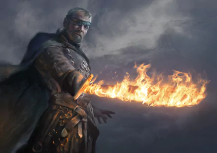HD wallpaper of Beric Dondarrion from Game of Thrones, holding a flaming sword against a stormy backdrop.