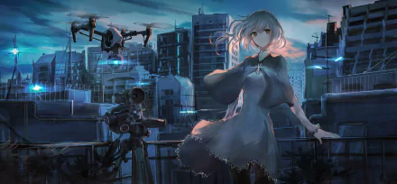 HD anime-style original artwork featuring a girl with light hair standing on a rooftop with drones and urban buildings in the background, designed as a PC desktop wallpaper.