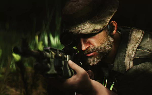 HD desktop wallpaper featuring soldier John Price from Call of Duty 4: Modern Warfare, aiming down the scope in a realistic and intense video game scene.
