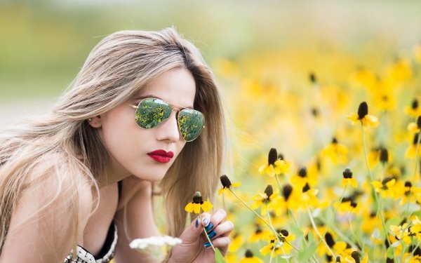Women Model Blonde Sunglasses Lipstick Yellow Flower Depth Of Field HD Wallpaper | Background Image