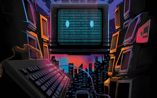 Retro wave HD wallpaper featuring a CRT monitor displaying binary code, surrounded by multiple monitors, with a cityscape in the background. Tags: retro wave, binary, Alpha Coders, CRT Monitor, technology.