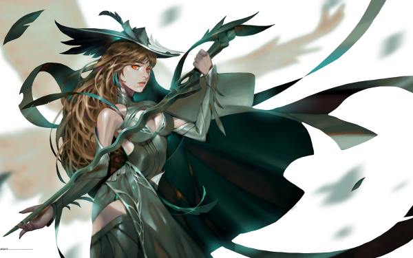 Fantasy Women Warrior Sword Cape Hat Brown Hair Orange Eyes HD Wallpaper | Background Image