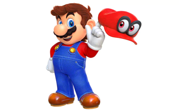 HD desktop wallpaper featuring Mario from the video game Super Mario Odyssey, showcasing him holding his signature red hat with eyes against a white background.