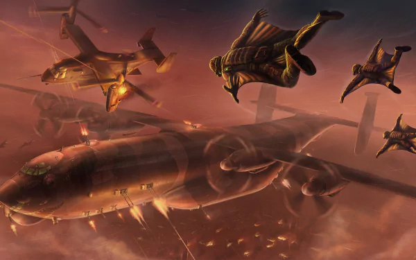 HD desktop wallpaper depicting a dramatic battle scene with Bell Boeing V-22 Osprey warplanes and soldiers in wingsuits soaring through a sci-fi military sky.