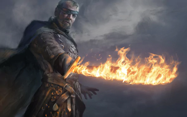 HD wallpaper of Beric Dondarrion from Game of Thrones, holding a flaming sword against a stormy backdrop.