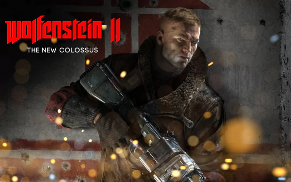 B.J. Blazkowicz from Wolfenstein II: The New Colossus featured in a 4K Ultra HD PC desktop wallpaper showcasing intense, action-packed gameplay atmosphere.