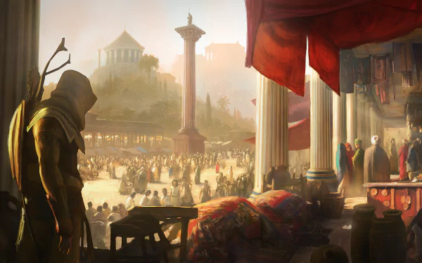 HD wallpaper from the video game Assassin's Creed Origins featuring Bayek of Siwa overlooking a bustling ancient city square with a large column and crowds in the background.