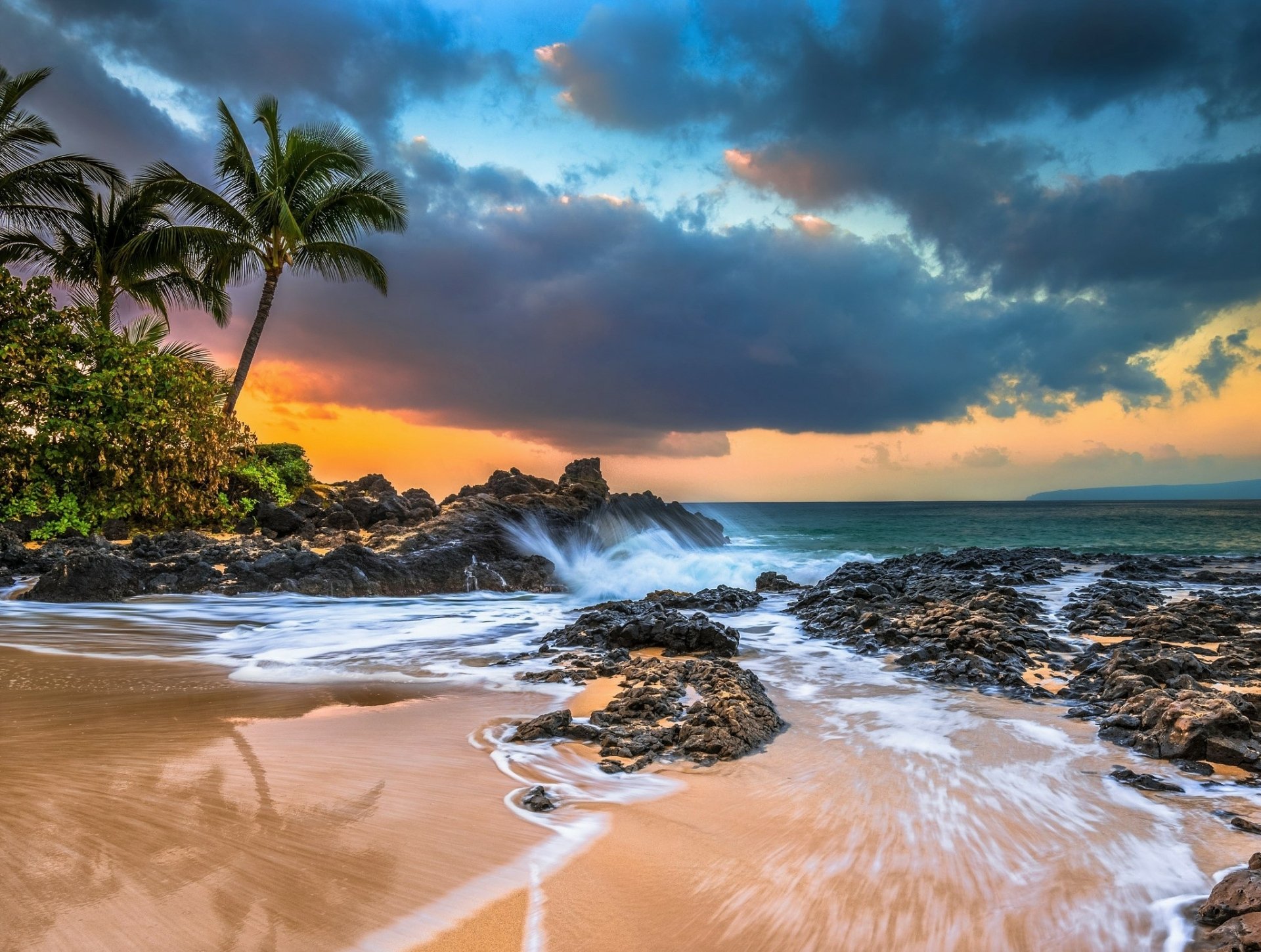 Hawaii Sunset Horizon Palm Beach Ocean Waves Cloudscape 