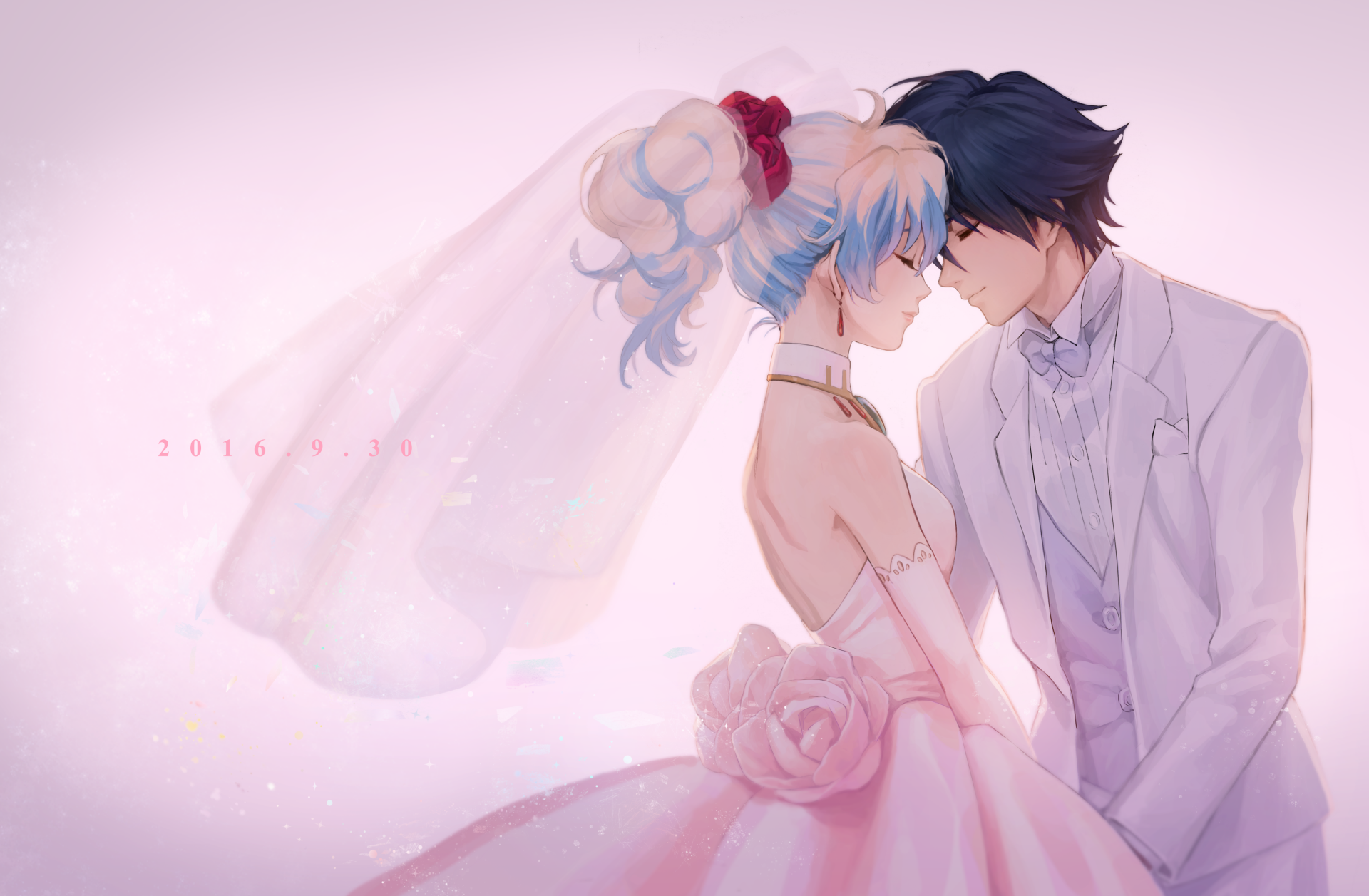 Anime-style 4K Ultra HD wallpaper of Simon and Nia Teppelin from Tengen Toppa Gurren Lagann, sharing a tender wedding moment with Nia’s two-toned hair glowing softly.