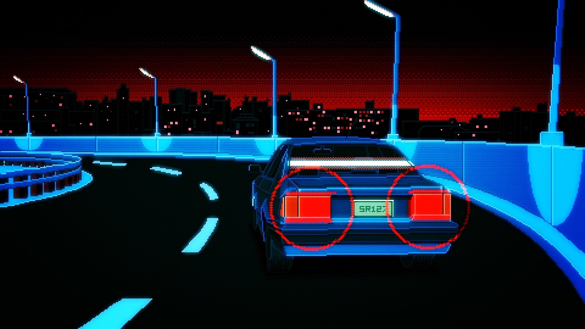 Artistic retro HD PC desktop wallpaper featuring a stylized car driving on a neon-lit highway against a city skyline at dusk.