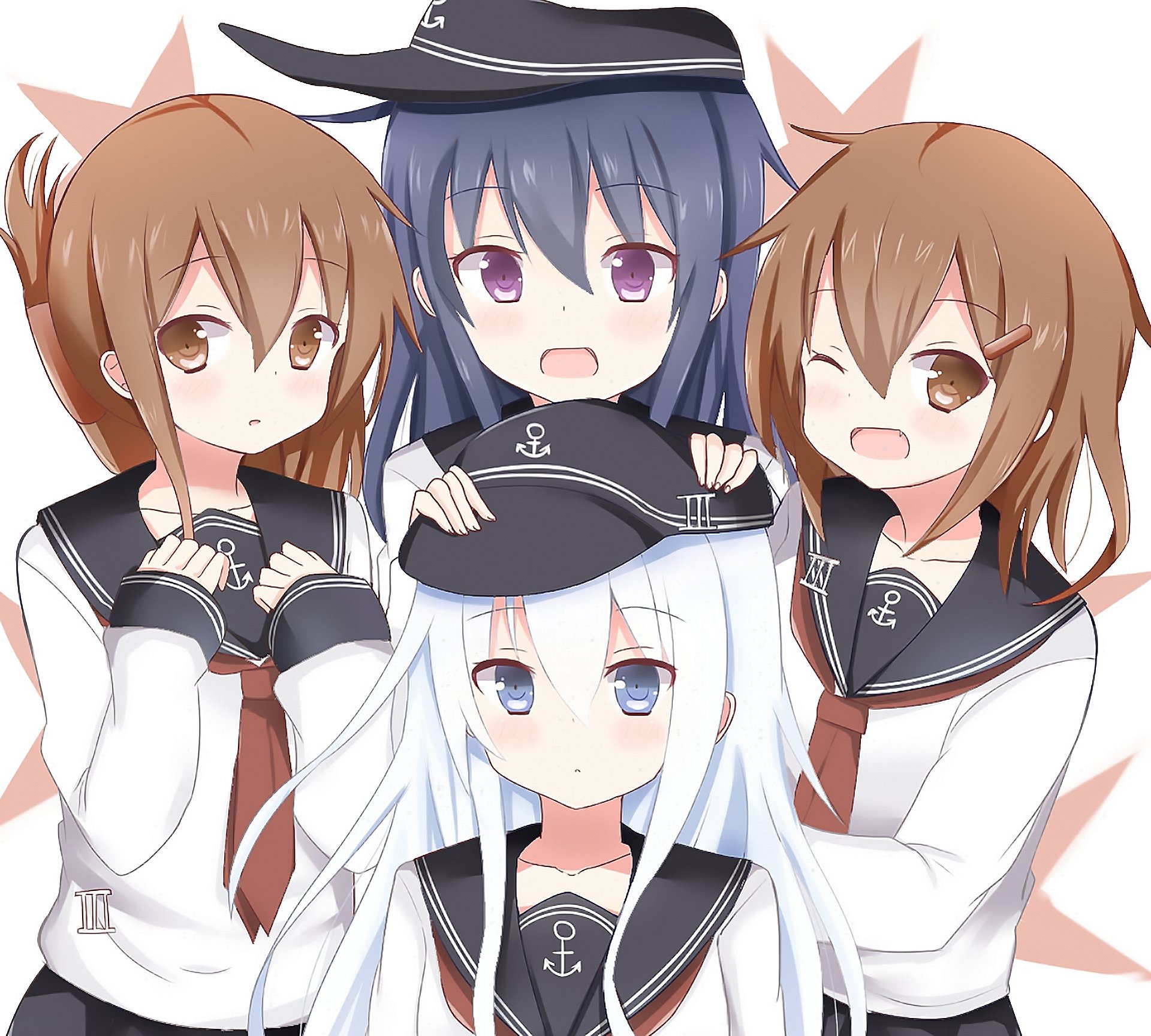 HD anime desktop wallpaper featuring Ikazuchi, Inazuma, Akatsuki, and Hibiki from Kantai Collection (KanColle) in school uniforms with cheerful expressions.