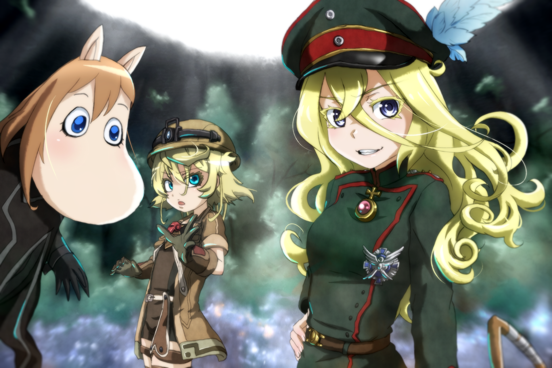 HD anime crossover wallpaper featuring Viktoriya Ivanovna Serebryakov from The Saga of Tanya the Evil alongside Lyza from Made in Abyss in a dark, atmospheric setting.