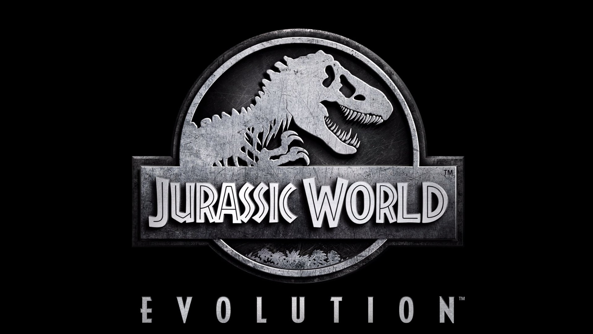 HD PC desktop wallpaper featuring the Jurassic World: Evolution logo from the video game, showcasing a dinosaur skeleton in a circular emblem.
