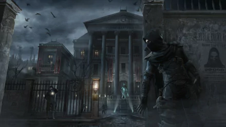 HD desktop wallpaper featuring Garrett from the video game Thief. The dark, atmospheric scene showcases Garrett stealthily observing a grand building guarded by sentries.
