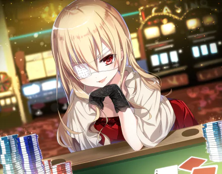 HD anime desktop wallpaper featuring Noel The Mortal Fate with blonde hair, red eyes, and an eyepatch, set against a vibrant casino background.
