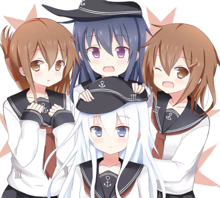HD anime desktop wallpaper featuring Ikazuchi, Inazuma, Akatsuki, and Hibiki from Kantai Collection (KanColle) in school uniforms with cheerful expressions.