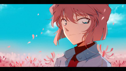 HD desktop wallpaper featuring Ai Haibara from the anime Detective Conan, looking over her shoulder against a vibrant sky and field of pink flowers.