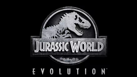 HD PC desktop wallpaper featuring the Jurassic World: Evolution logo from the video game, showcasing a dinosaur skeleton in a circular emblem.