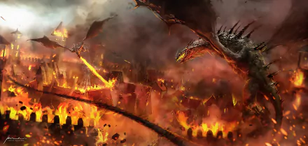 A fierce fire dragon rampages through a burning fantasy landscape, engulfing the scene in destruction and flames.