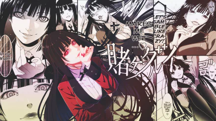 HD desktop wallpaper featuring Yumeko Jabami from the anime Kakegurui, showcasing a collage of intense and dynamic scenes with Japanese text and bold expressions.
