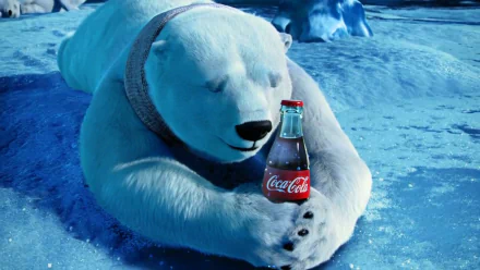 HD PC desktop wallpaper: a man-made Coca-Cola scene — a polar bear on icy blue ice holding a glass Coca-Cola bottle.