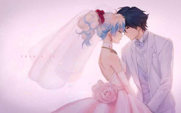 Anime-style 4K Ultra HD wallpaper of Simon and Nia Teppelin from Tengen Toppa Gurren Lagann, sharing a tender wedding moment with Nia’s two-toned hair glowing softly.