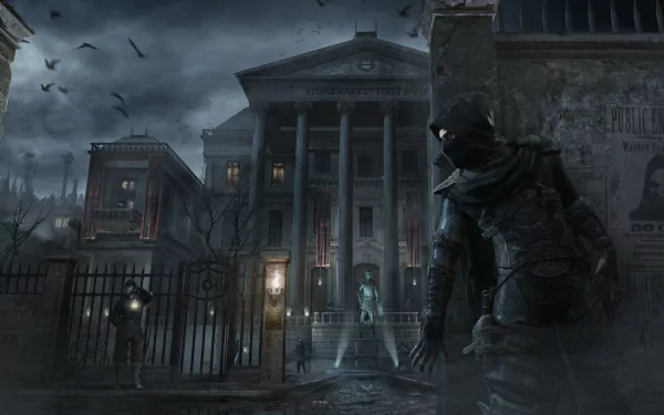 HD desktop wallpaper featuring Garrett from the video game Thief. The dark, atmospheric scene showcases Garrett stealthily observing a grand building guarded by sentries.