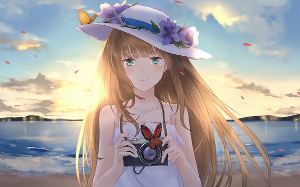 Anime Original Camera Hat Flower Butterfly Beach Long Hair Tears Blue Eyes Dress HD Wallpaper | Background Image