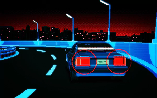 Artistic retro HD PC desktop wallpaper featuring a stylized car driving on a neon-lit highway against a city skyline at dusk.
