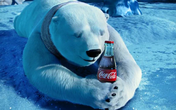 HD PC desktop wallpaper: a man-made Coca-Cola scene — a polar bear on icy blue ice holding a glass Coca-Cola bottle.