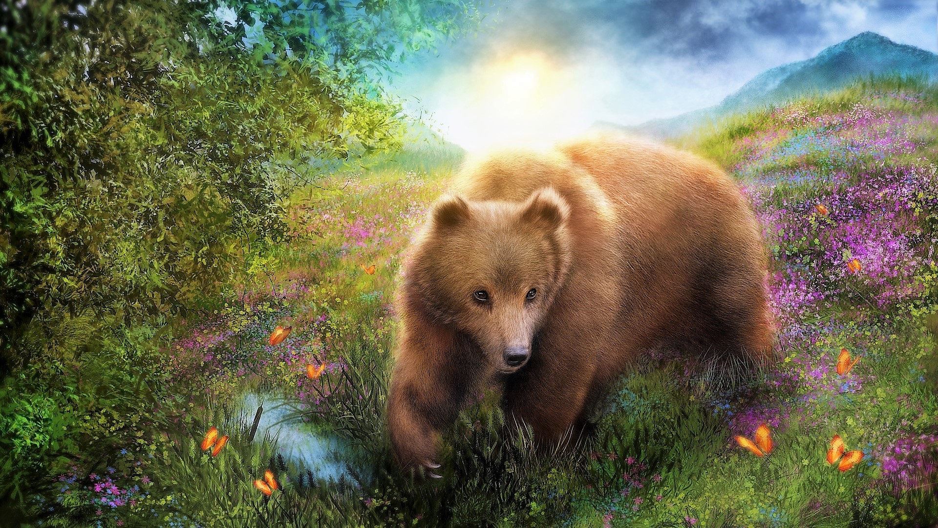 Download Flower Bear Field Spring Artistic Painting HD Wallpaper