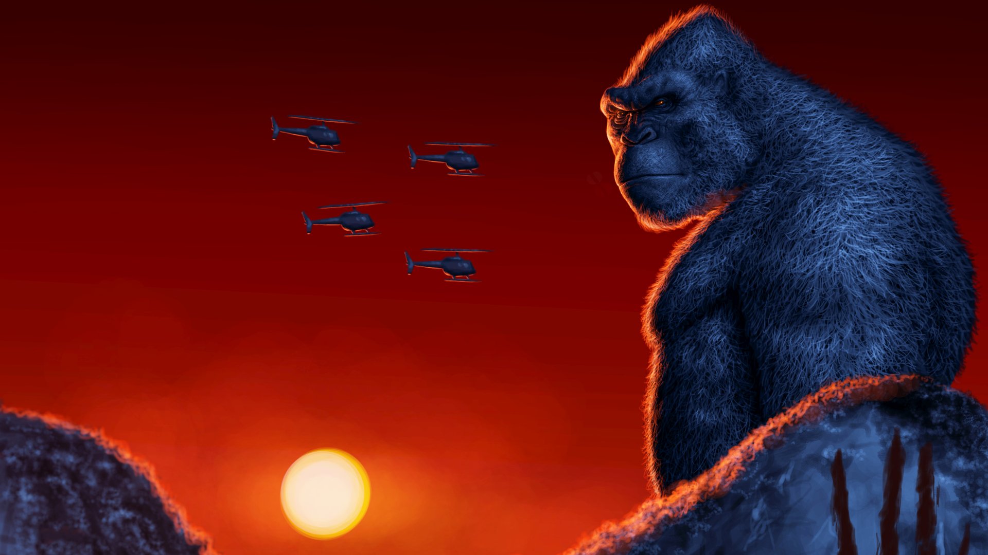 4K Ultra HD PC wallpaper of Kong from the movie Skull Island, shown against a red sunset with helicopters flying nearby.