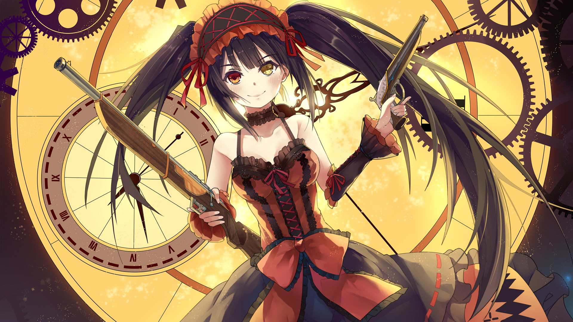 HD wallpaper of Kurumi Tokisaki from the anime Date A Live. She is featured with her signature dual firearms, dark red and black attire, against a background of intricate gears and a clock.