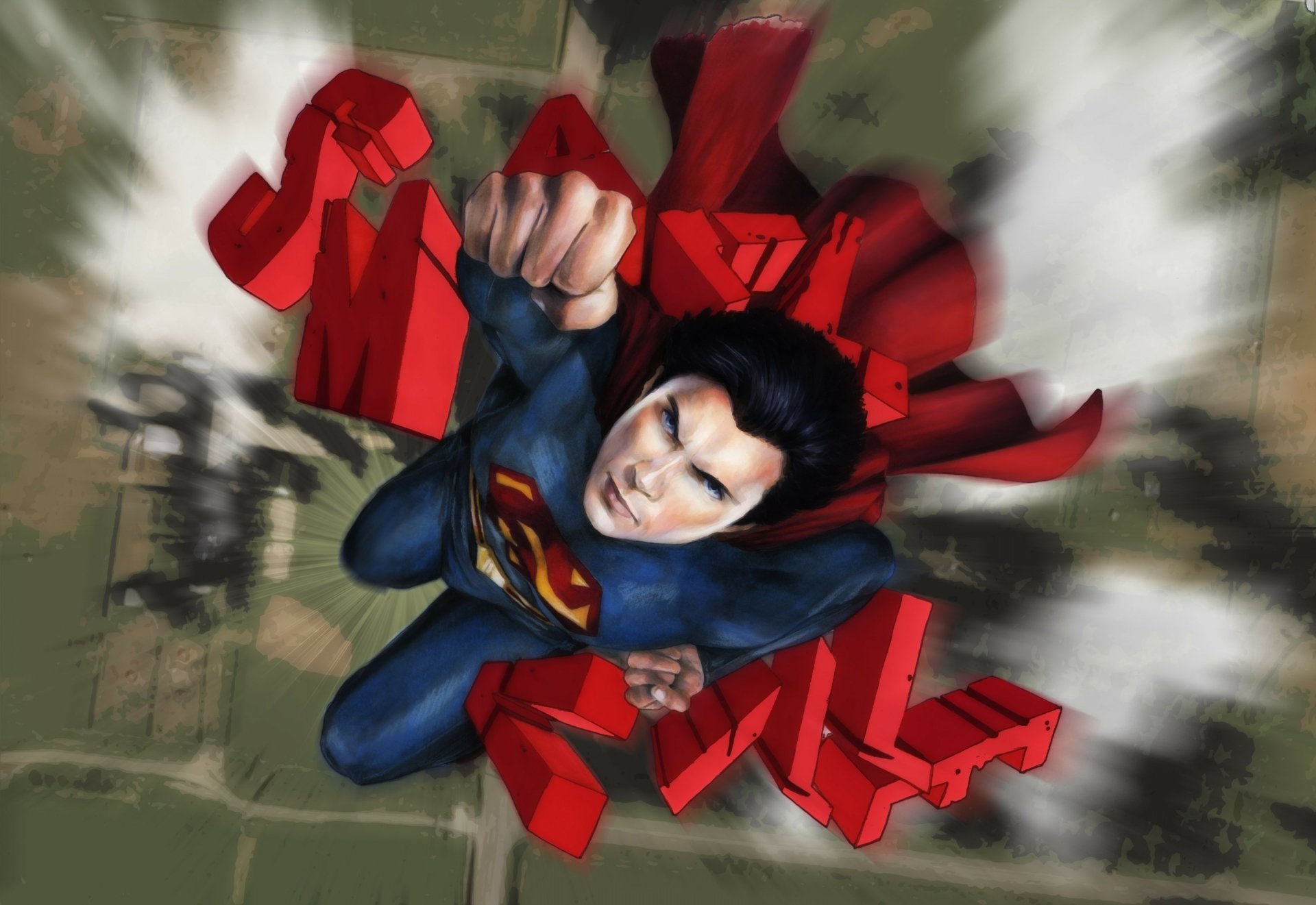 HD PC desktop wallpaper of Superman from the Smallville TV show, featuring dynamic action with DC Comics branding in the background.