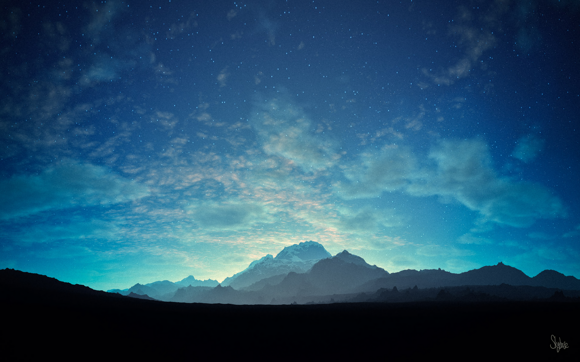 HD wallpaper of a fantasy landscape featuring majestic mountains under a starry night sky, with clouds softly illuminated, creating a serene and mystical atmosphere.