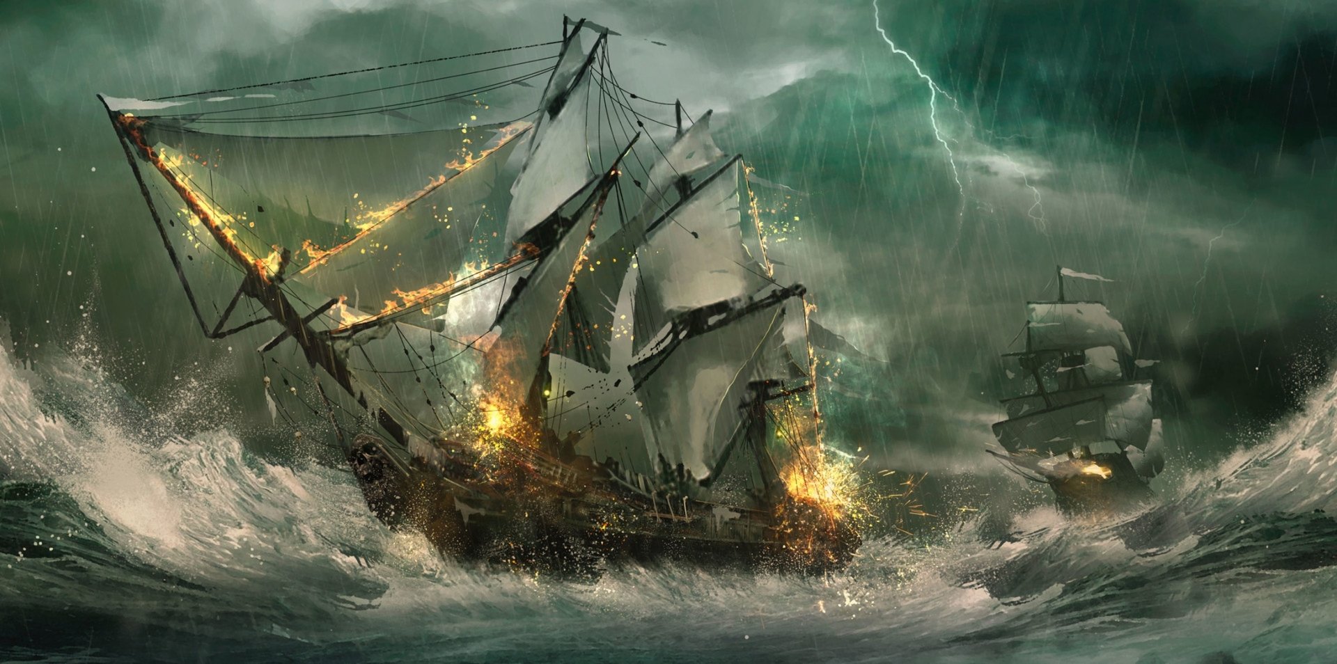 Download Fire Ocean Wave Rain Lightning Storm Fantasy Ship HD Wallpaper