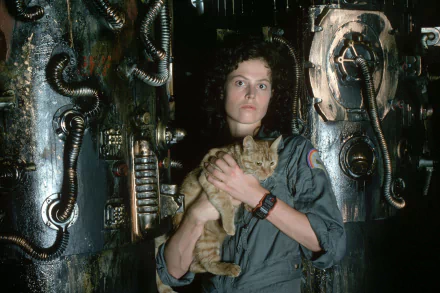Sigourney Weaver as Ellen Ripley, holding a cat, in a scene from the movie Alien. The HD wallpaper features detailed industrial set designs in the background.