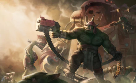 4K Ultra HD Warhammer 40k desktop wallpaper featuring a powerful Ork warrior wielding a large weapon amidst a battlefield with armored machinery in the background.