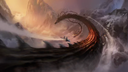 A dramatic HD desktop wallpaper featuring a fierce Chinese dragon soaring through misty mountains as jet fighters fly alongside in a fantasy battle scene.