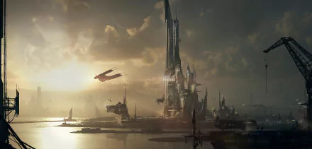 HD PC desktop wallpaper featuring a sci-fi cityscape with towering futuristic buildings, a glowing sun breaking through clouds, and a bird flying overhead.