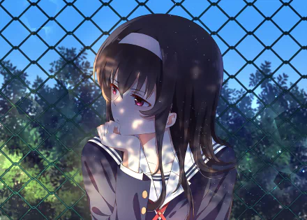 HD anime desktop wallpaper featuring Utaha Kasumigaoka from Saekano: How to Raise a Boring Girlfriend, set against a chain-link fence with soft lighting and a serene background.